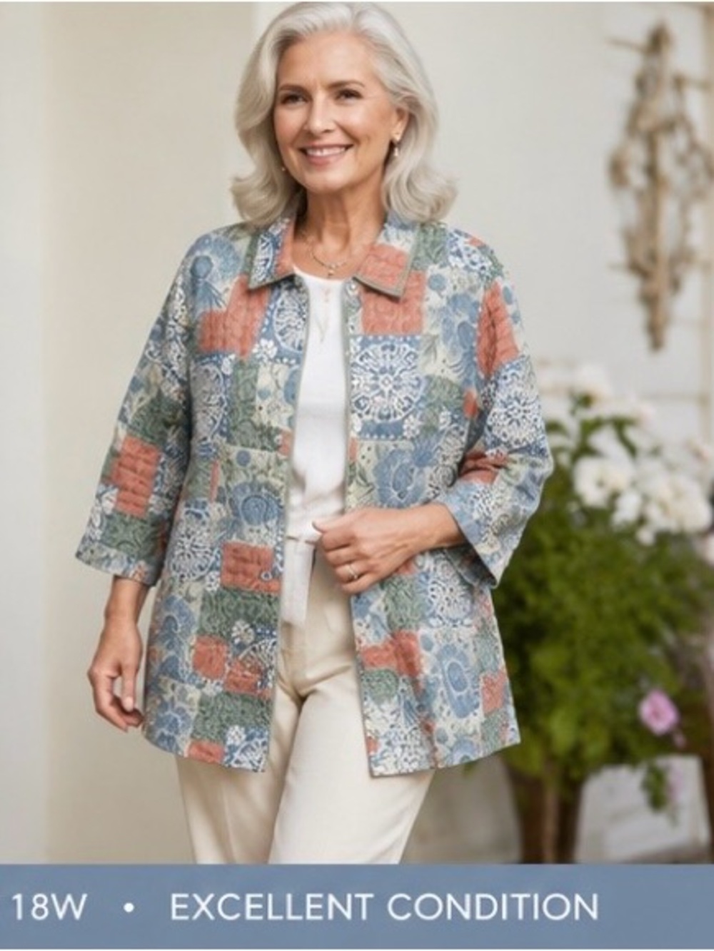 Alfred Dunner 100% Silk Quilted Jacket Patchwork Floral Cottagecore Plus Sz 18W